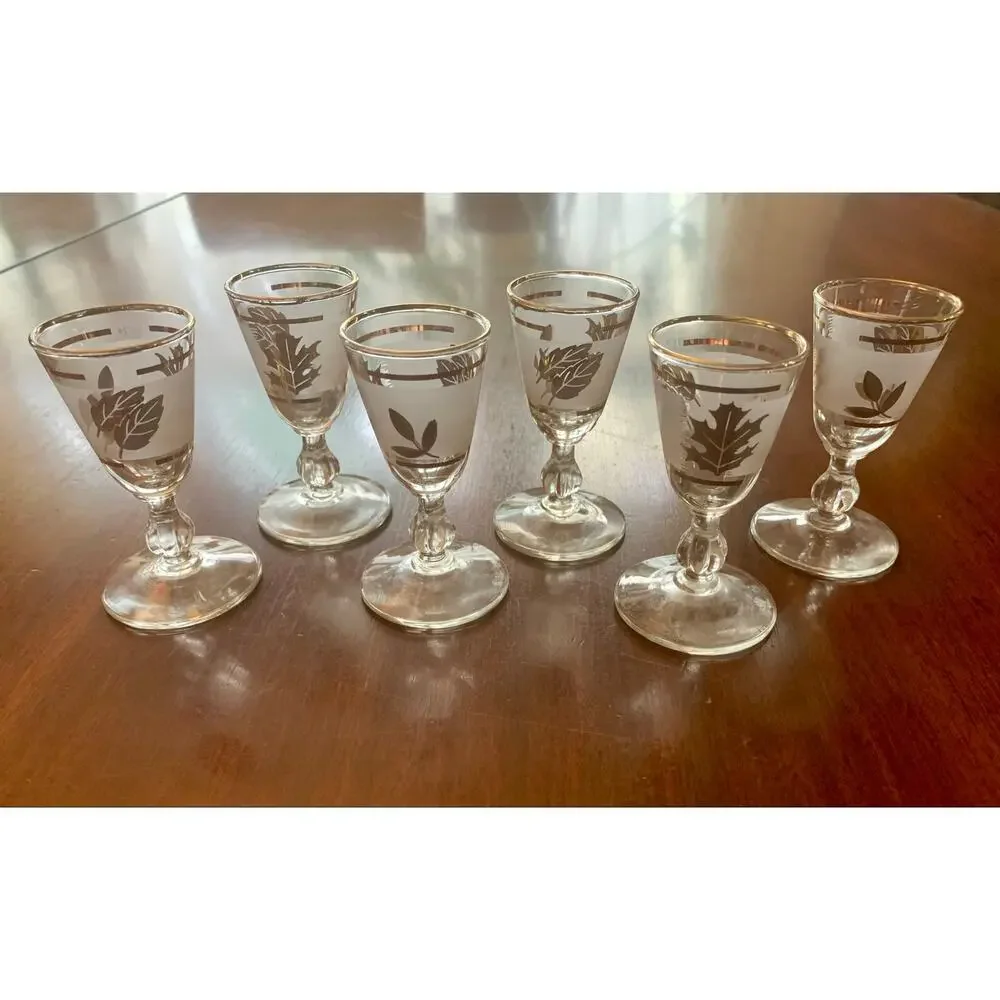 Vintage Mid Century Libbey Shot Glasses, Set Of Six, Frosted With Gold Leaf MCM